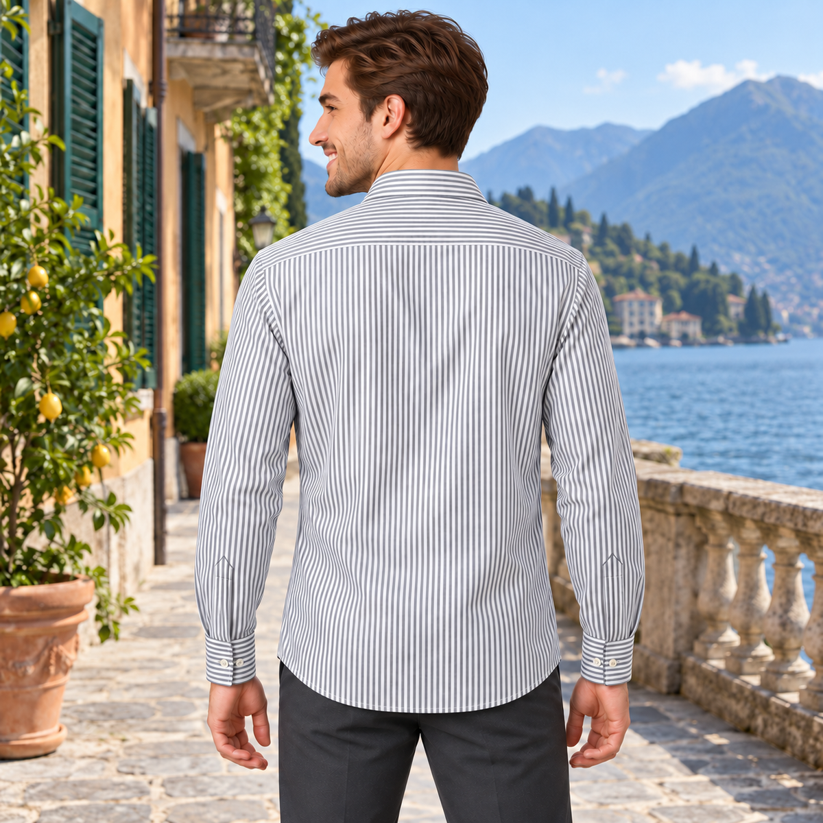 GLESTO men's grey and white striped cotton shirt – back view