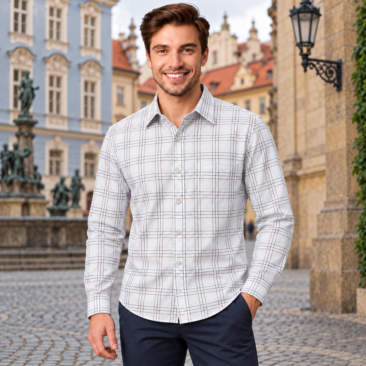 GLESTO men's white checked cotton shirt worn outdoors – front view